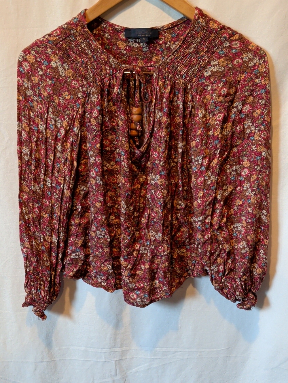RACHEL Rachel Roy Burgundy Floral Smocked Peasant Blouse with Bead Tie